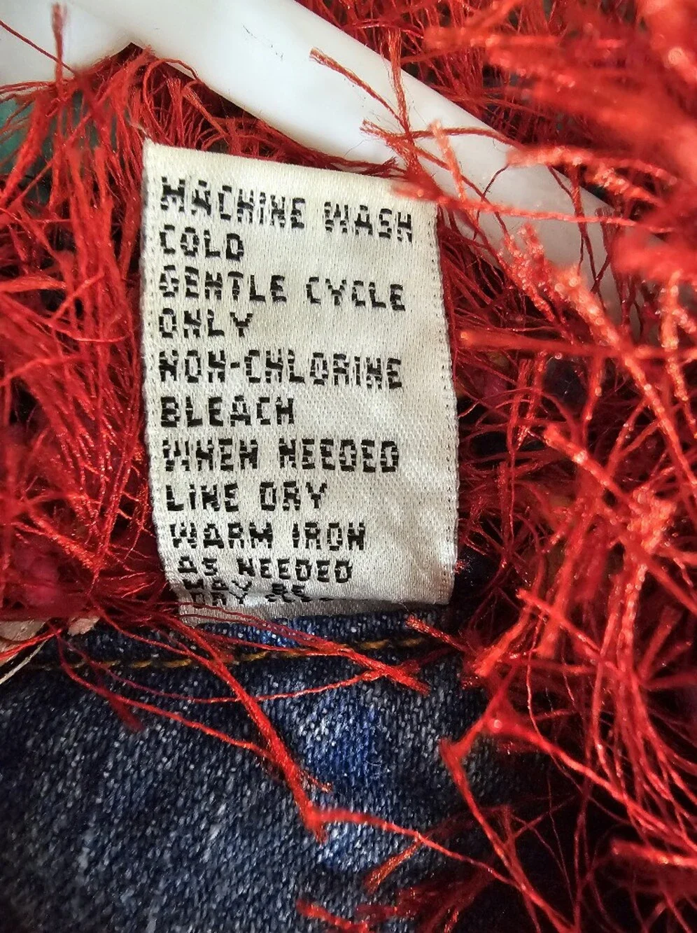Chicos Vintage Designer Jean Jacket With Red Tinsel Trim.